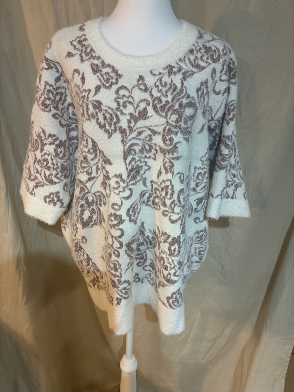 Liz Claiborne Cream Sweater with Taupe Floral Pattern HOLIDAY SWEATER
